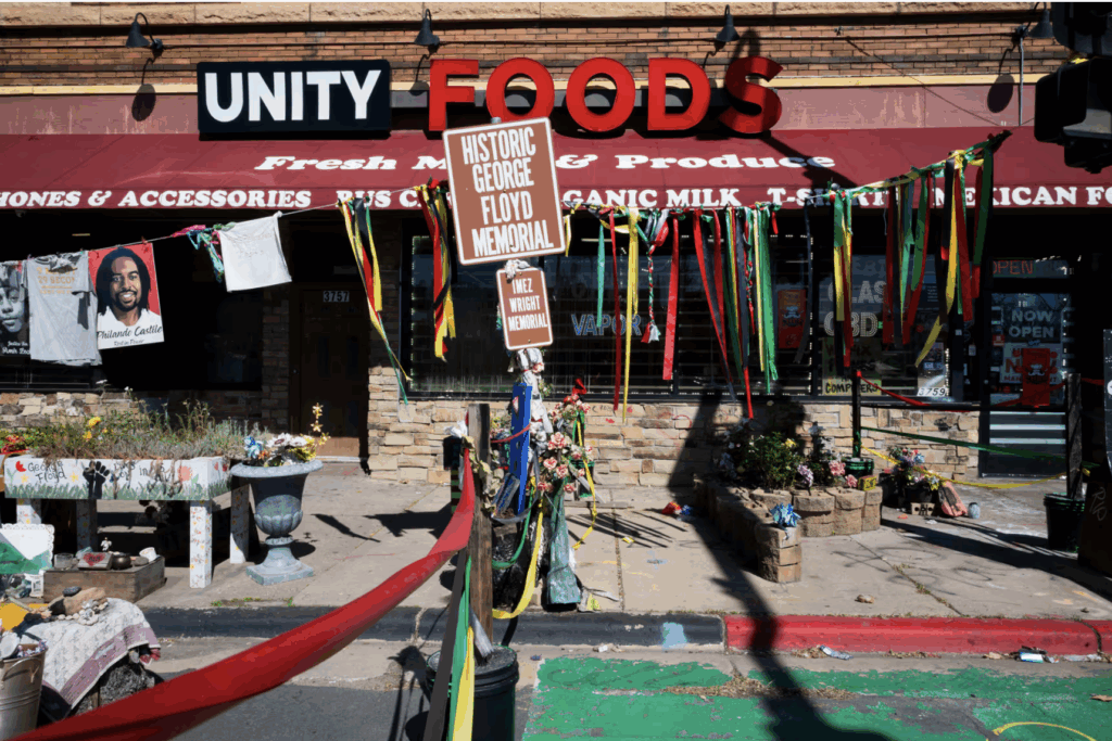 Unity Foods, formerly named Cup Foods, at the site in Minneapolis where George Floyd was killed five years ago, as seen on May 8. Andrea Ellen/NBC News
